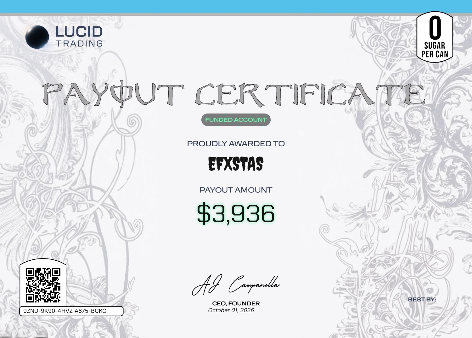 Lucid Trading — Payout $3,936 con QR de verificación